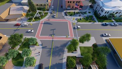 The digital image is a rendering that shows plans for improvements to each corner of town square in downtown Bryson City at the intersections of Everett and Main Streets.