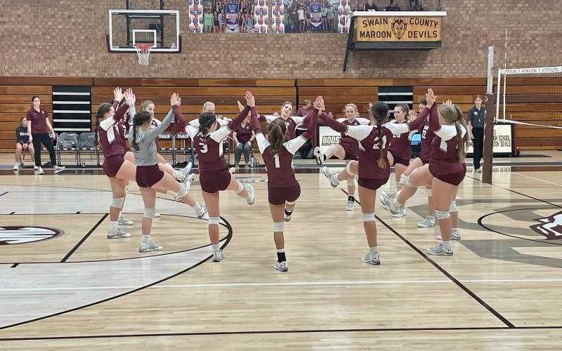 The Lady Devils getting pumped up before the game with Robbinsville on Tuesday. Rivalry was in the air as Swain and Robbinsville’s student section stayed loud for their teams the entire match.