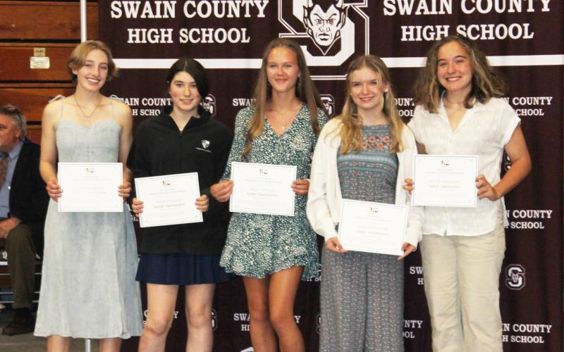 Members of the Swain County High School Envirothon team including Sienna Hackshaw, Audrey Monteith, Joylyn Stillman, Sahara Wiggins and Marden Harvey were recognized.