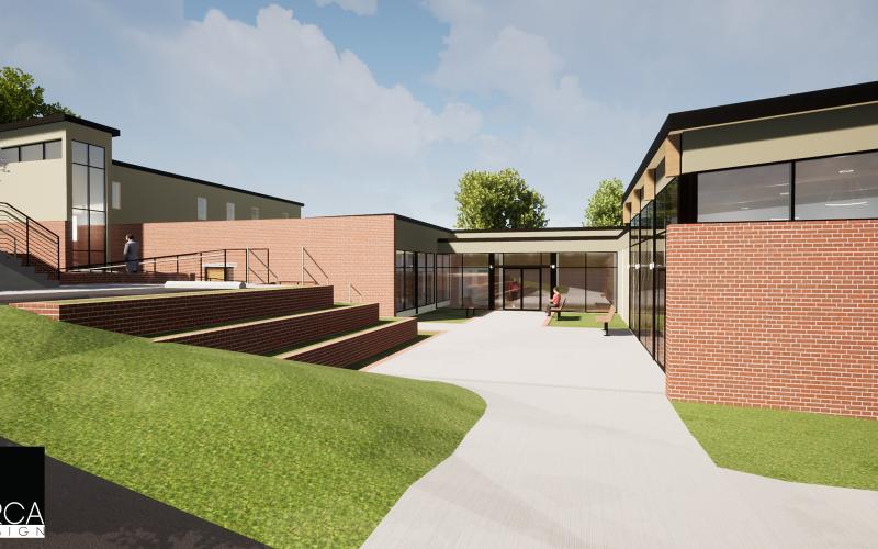 Marianna Black Library Expansion Committee has worked with Arca Designs for the new plans for the library. Pictured is the courtyard entrance with a new second story on the far left that will house Fontana Regional Library offices and have its own private entrance.